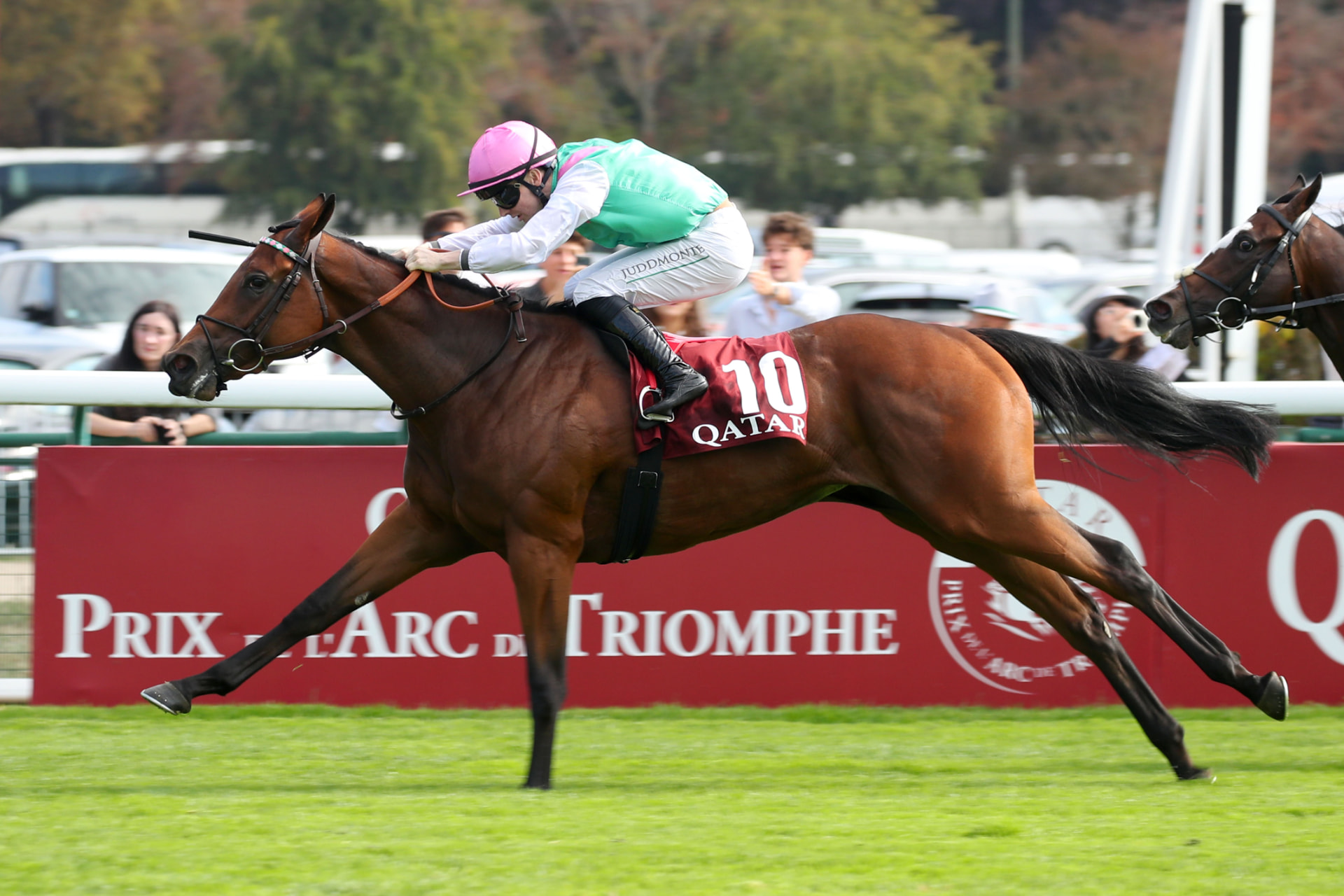 Amusingly, cheval bai, casaque Juddmonte, victoire au Prix Jean-Luc Lagardère